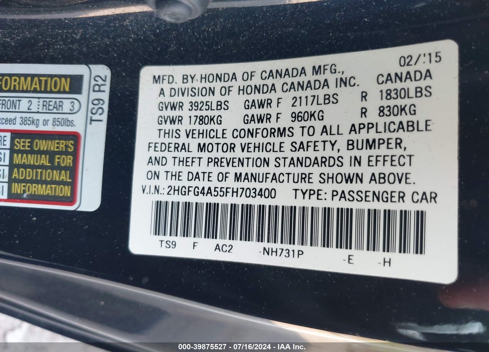 2015 HONDA CIVIC SI VIN: 2HGFG4A55F8703400