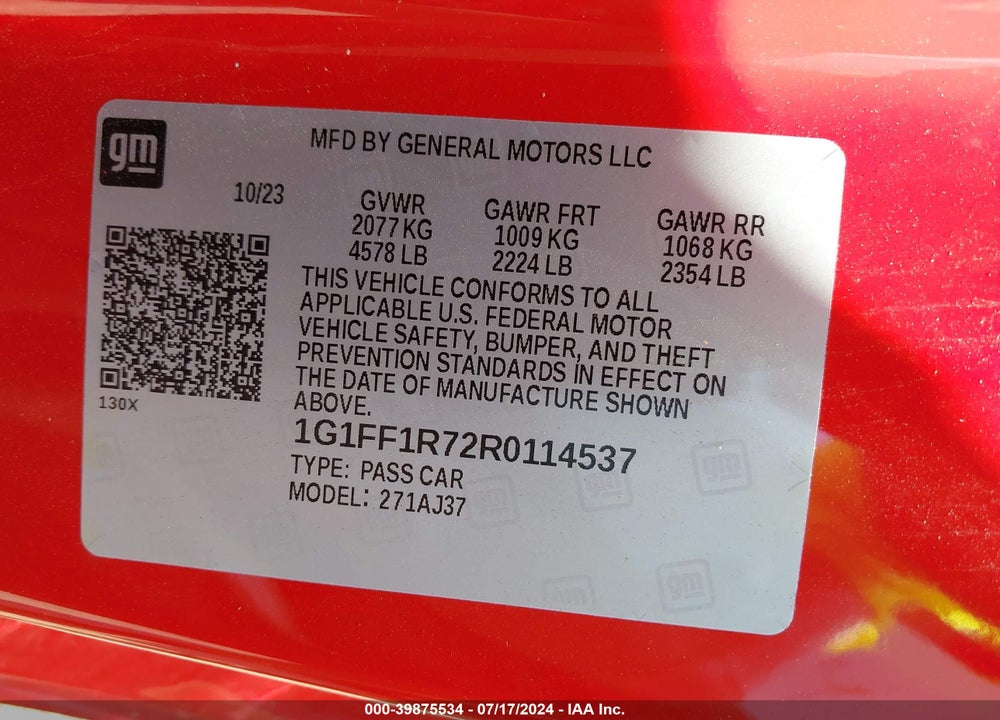 2024 CHEVROLET CAMARO RWD 1SS VIN: 1G1FF1R72R0114537