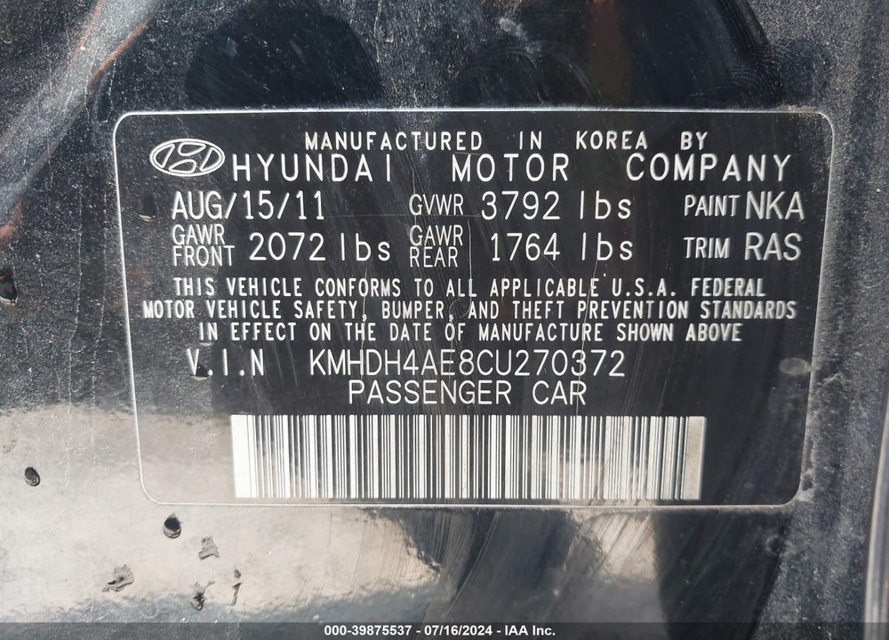 2012 HYUNDAI ELANTRA GLS (ULSAN PLANT) VIN: KMHDH4AE8CU270372
