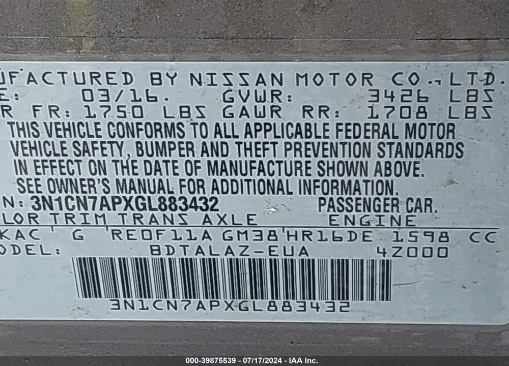 2016 NISSAN VERSA 1.6 S+ VIN: 3N1CN7APXGL883432