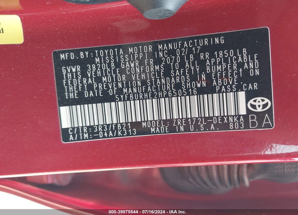 2017 TOYOTA COROLLA LE VIN: 5YFBURHE2HP650516