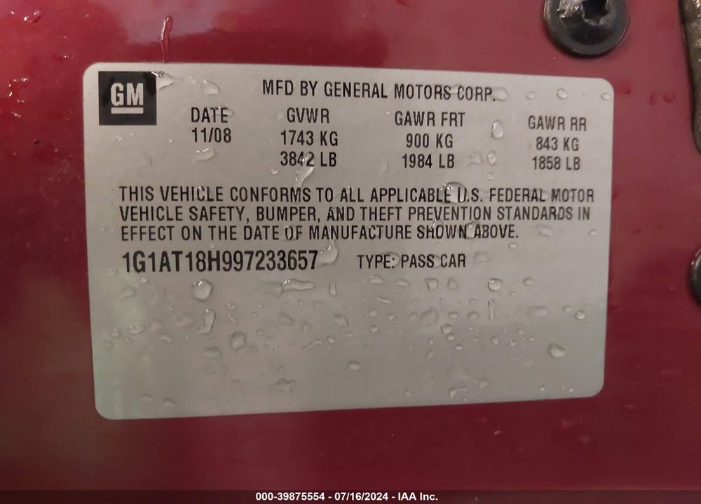 2009 CHEVROLET COBALT LT VIN: 1G1AT18H997233657