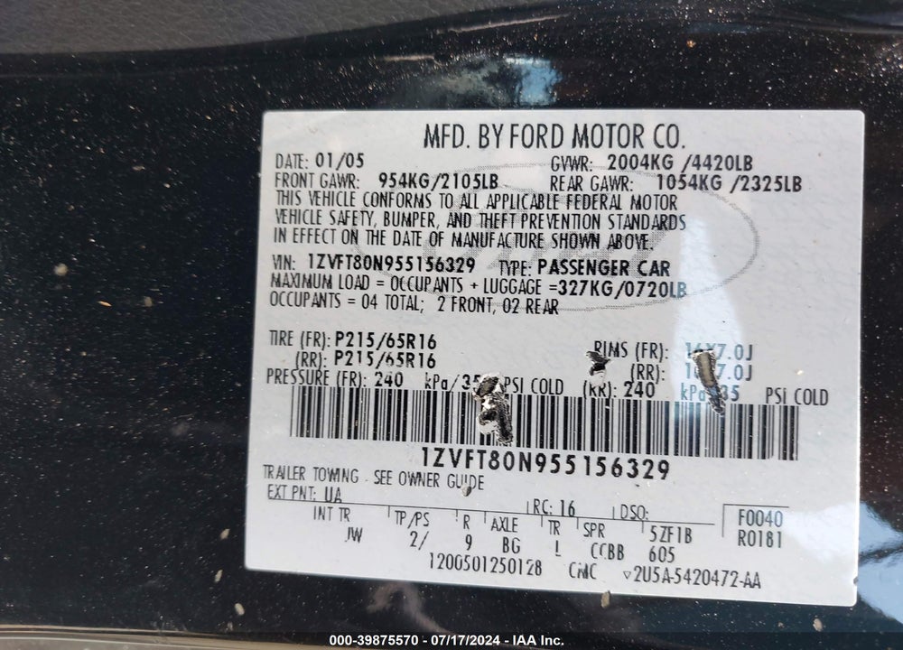 2005 FORD MUSTANG V6 DELUXE/V6 PREMIUM VIN: 1ZVFT80N955156329