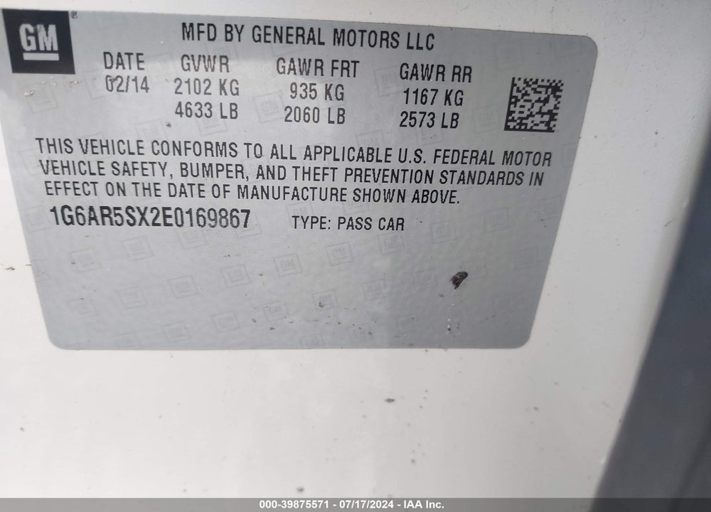 2014 CADILLAC CTS LUXURY VIN: 1G6AR5SX2E0169867
