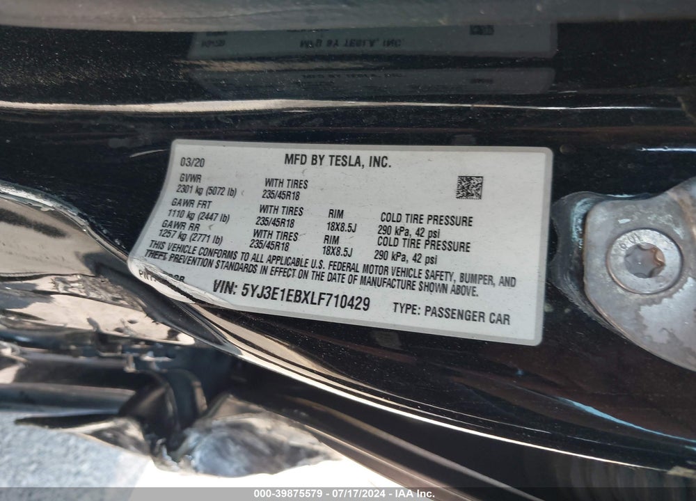 2020 TESLA MODEL 3 LONG RANGE DUAL MOTOR ALL-WHEEL DRIVE VIN: 5YJ3E1EBXLF710429
