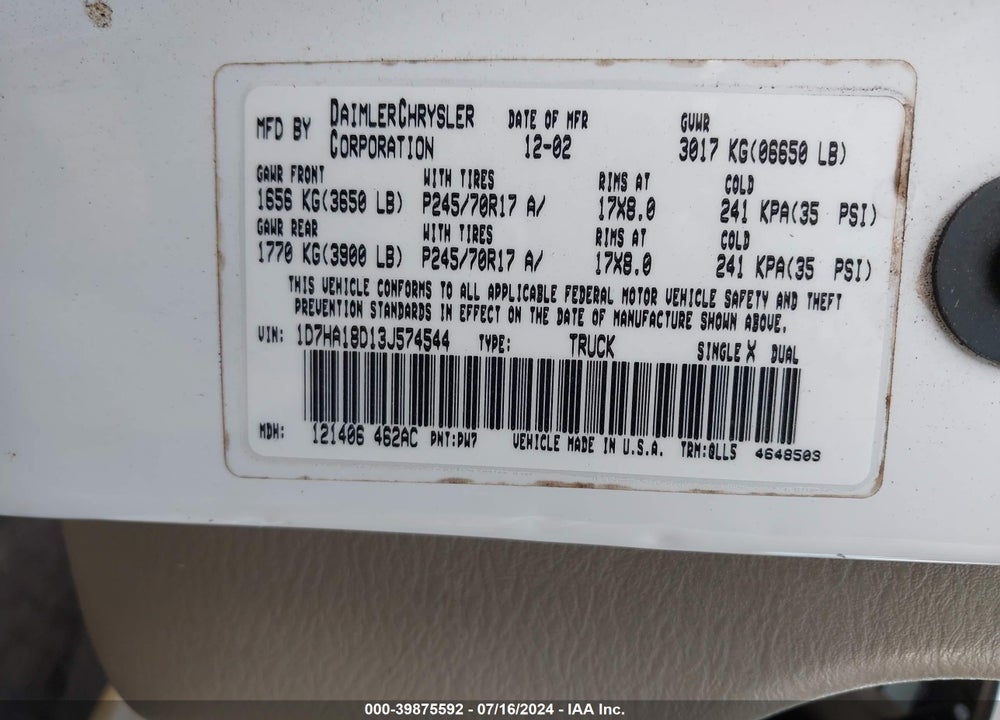 2003 DODGE RAM 1500 SLT/LARAMIE/ST VIN: 1D7HA18D13J574544