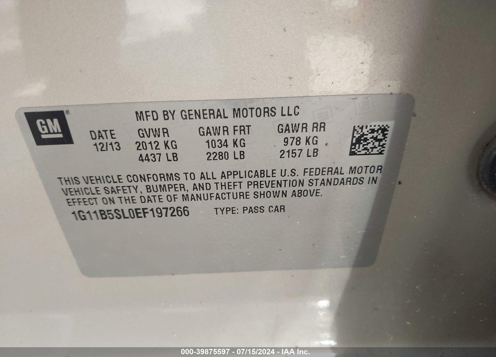 2014 CHEVROLET MALIBU 1LS VIN: 1G11B5SL0EF197266