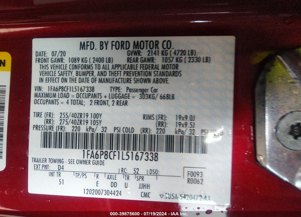 2020 FORD MUSTANG GT PREMIUM FASTBACK VIN: 1FA6P8CF1L5167338