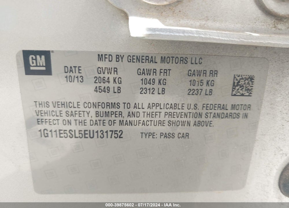 2014 CHEVROLET MALIBU 2LT VIN: 1G11E5SL5EU131752