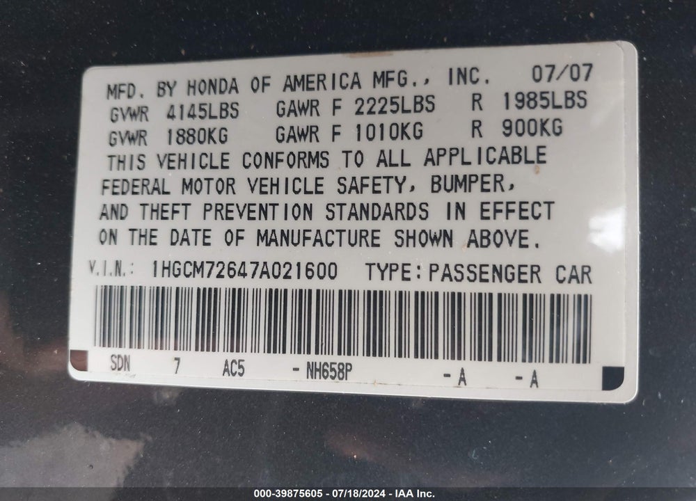 2007 HONDA ACCORD 2.4 EX VIN: 1HGCM72647A021600