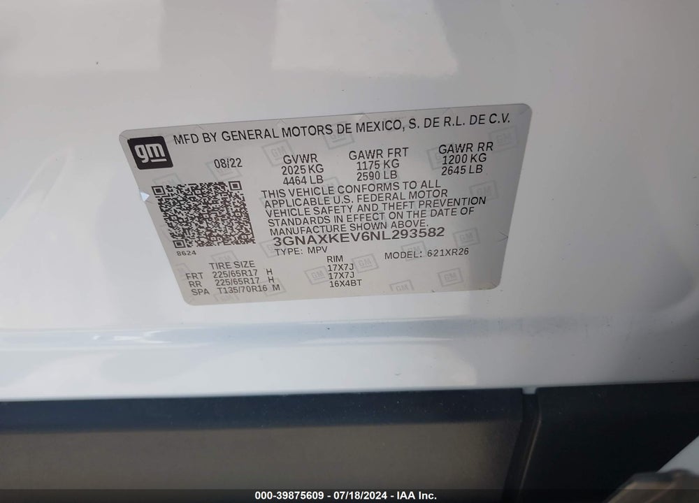 2022 CHEVROLET EQUINOX FWD LT VIN: 3GNAXKEV6NL293582