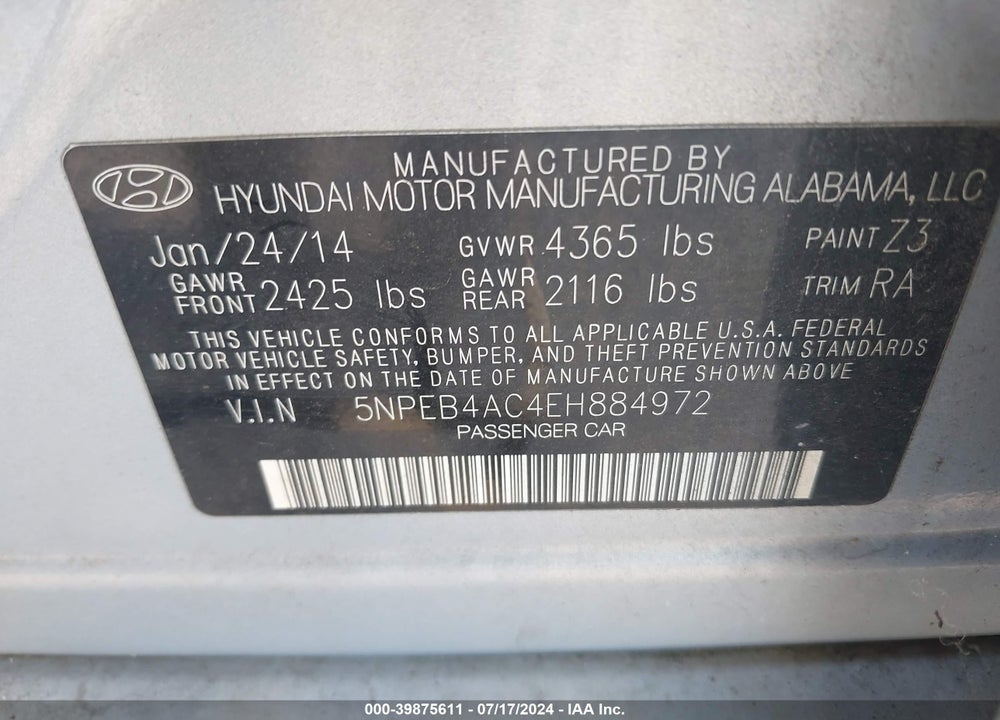2014 HYUNDAI SONATA GLS VIN: 5NPEB4AC4EH884972