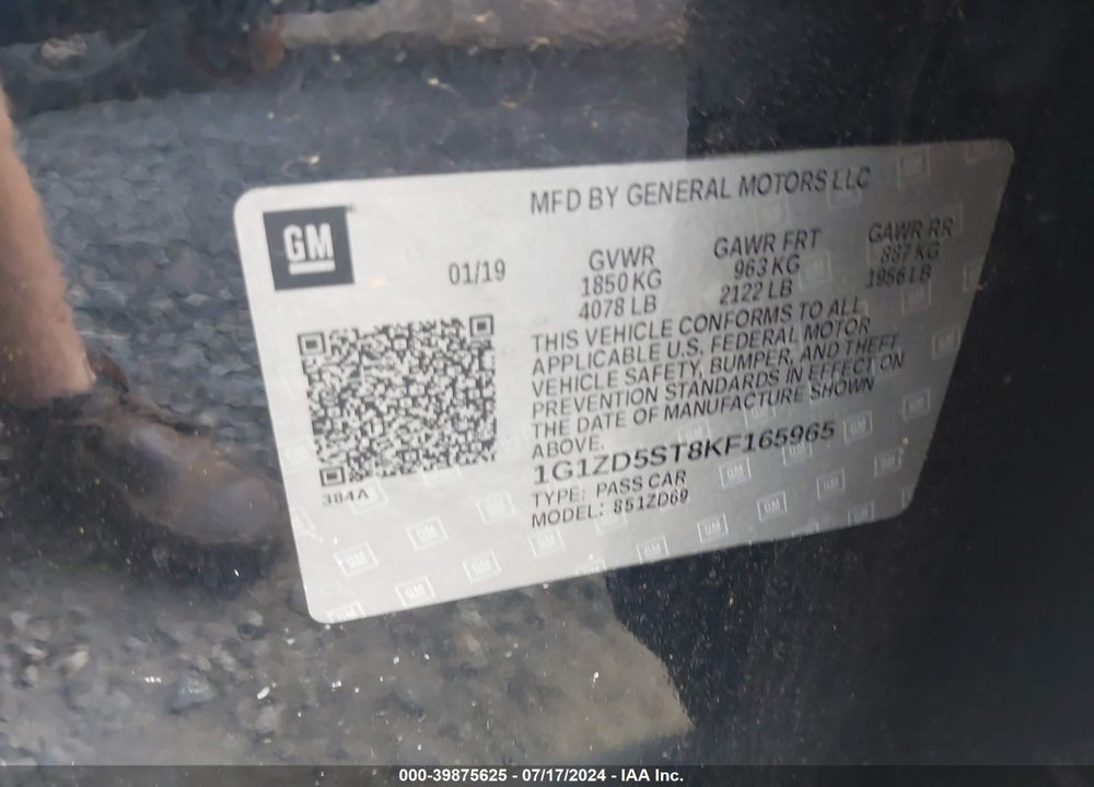 2019 CHEVROLET MALIBU LT VIN: 1G1ZD5ST8KF165965