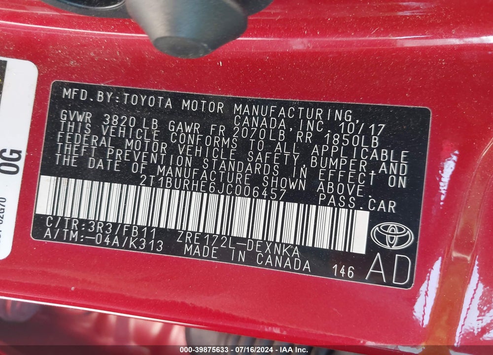 2018 TOYOTA COROLLA LE VIN: 2T1BURHE6JC006457