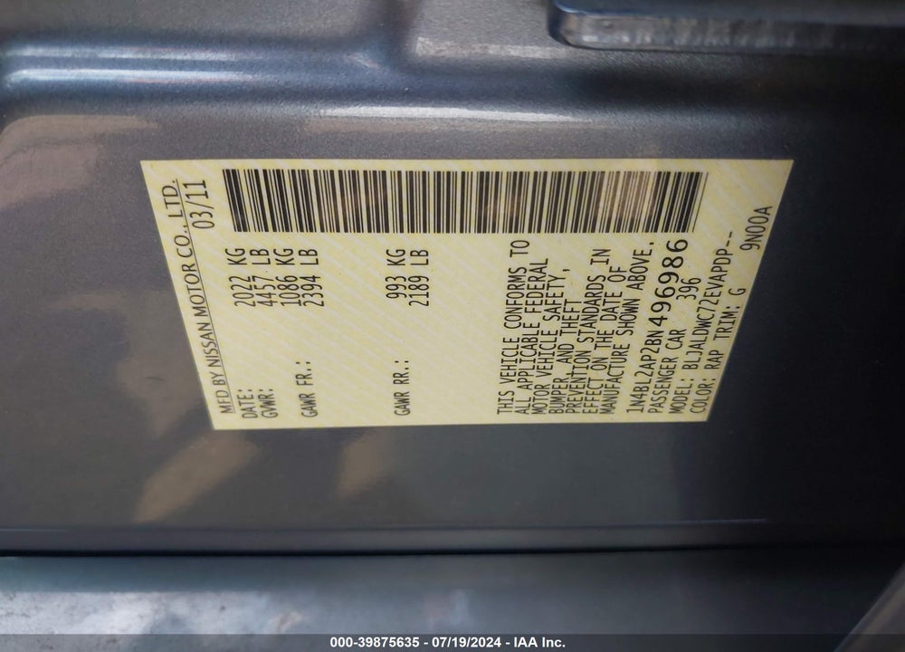 2011 NISSAN ALTIMA 3.5 SR VIN: 1N4BL2AP2BN496986