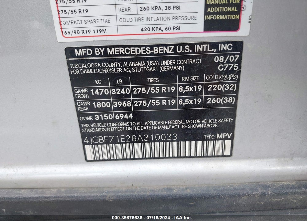 2008 MERCEDES-BENZ GL 450 4MATIC VIN: 4JGBF71E28A310033