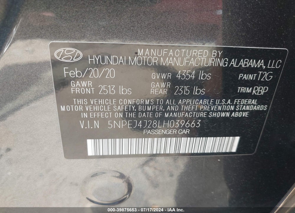 2020 HYUNDAI SONATA SEL PLUS VIN: 5NPEJ4J28LH039663