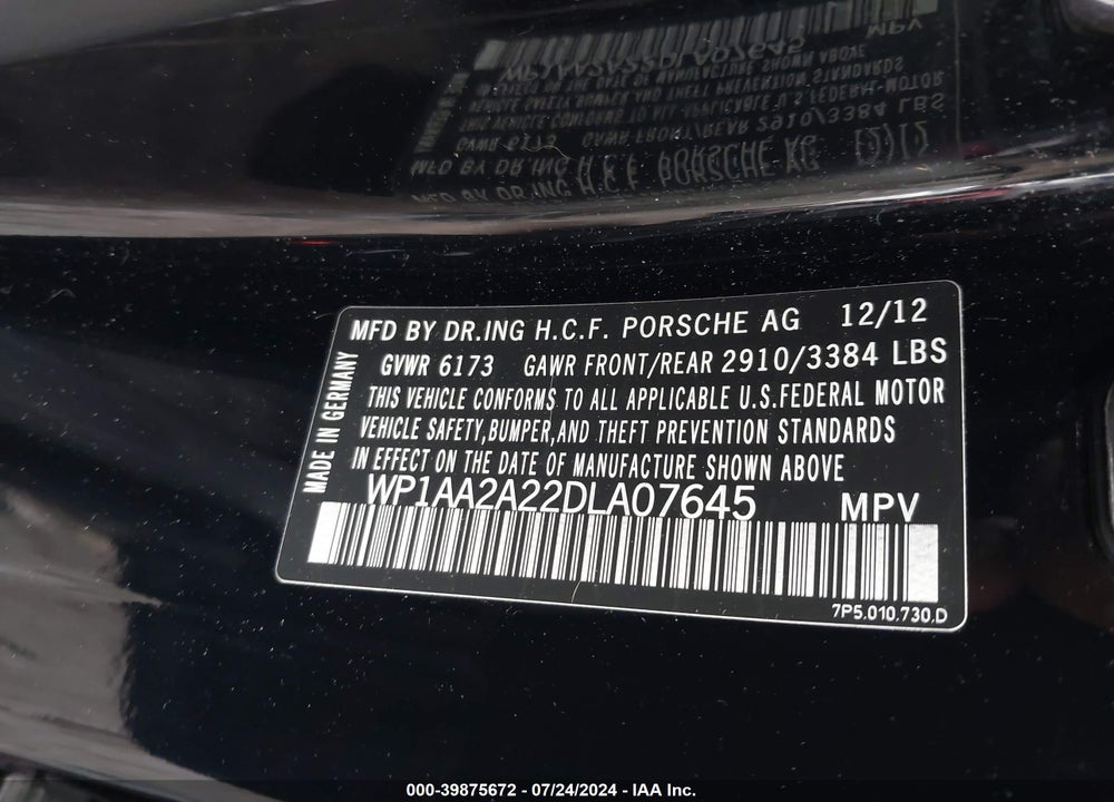 2013 PORSCHE CAYENNE VIN: WP1AA2A22DLA07645