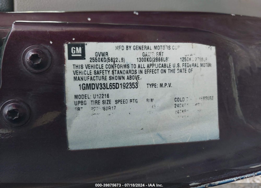 2006 CHEVROLET UPLANDER LT VIN: 1GNDV33L36D148968