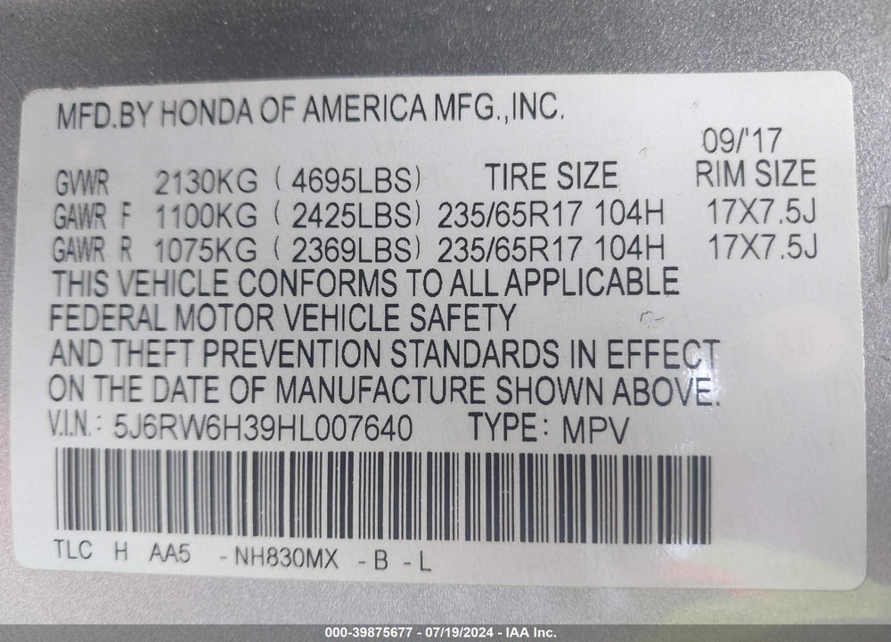 2017 HONDA CR-V LX VIN: 5J6RW6H39HL007640
