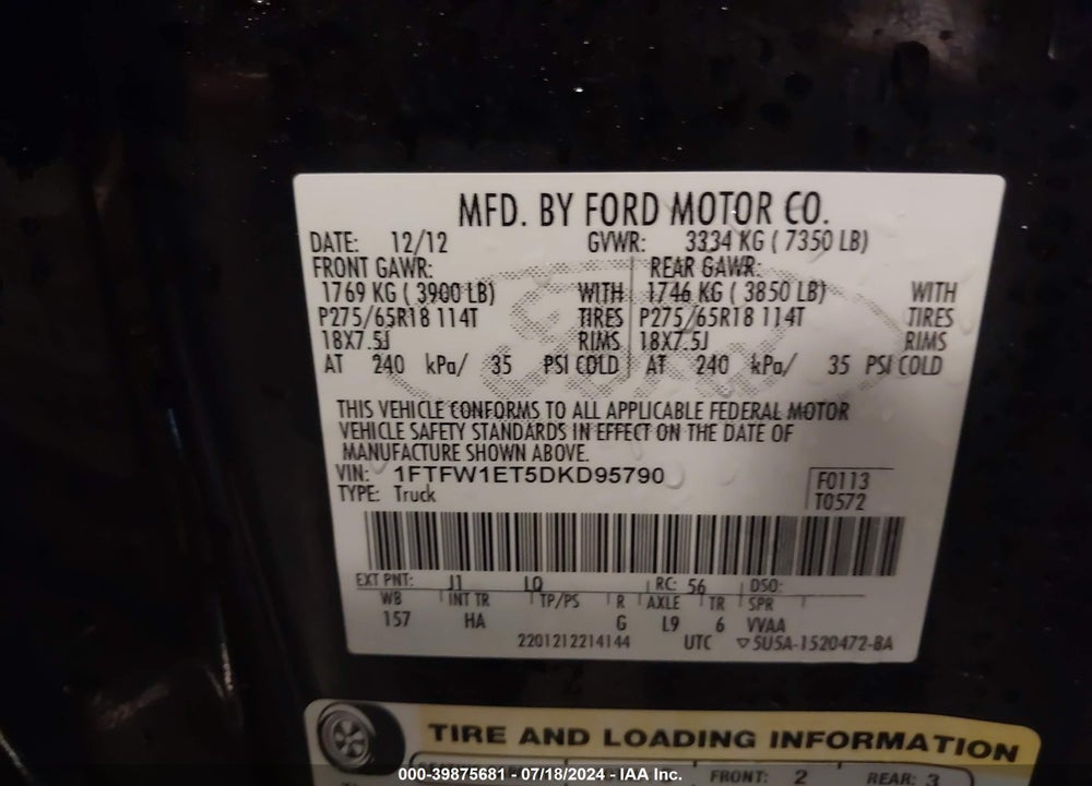 2013 FORD F-150 LARIAT VIN: 1FTFW1ET5DKD95790