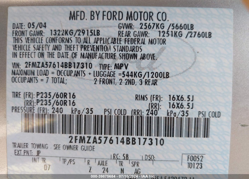2004 FORD FREESTAR SES VIN: 2FMZA57614BB17310