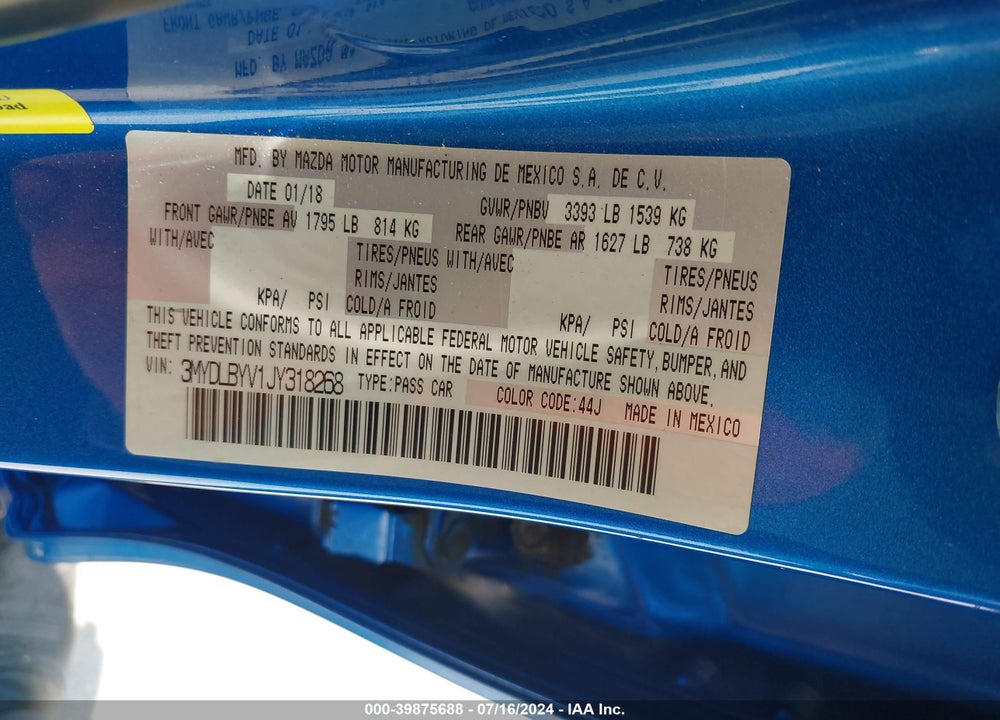 2018 TOYOTA YARIS IA VIN: 3MYDLBYV1JY318268