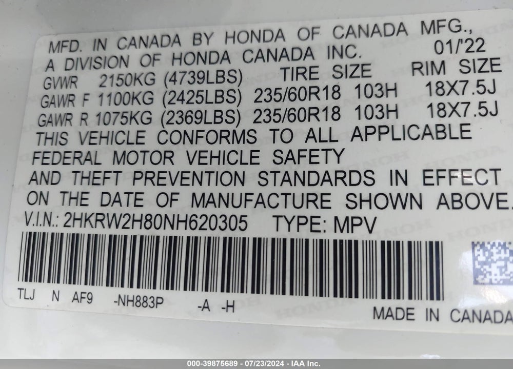 2022 HONDA CR-V AWD EX-L VIN: 2HKRW2H80NH620305