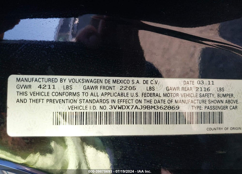 2011 VOLKSWAGEN JETTA 2.5L SE VIN: 3VWDX7AJ9BM362869