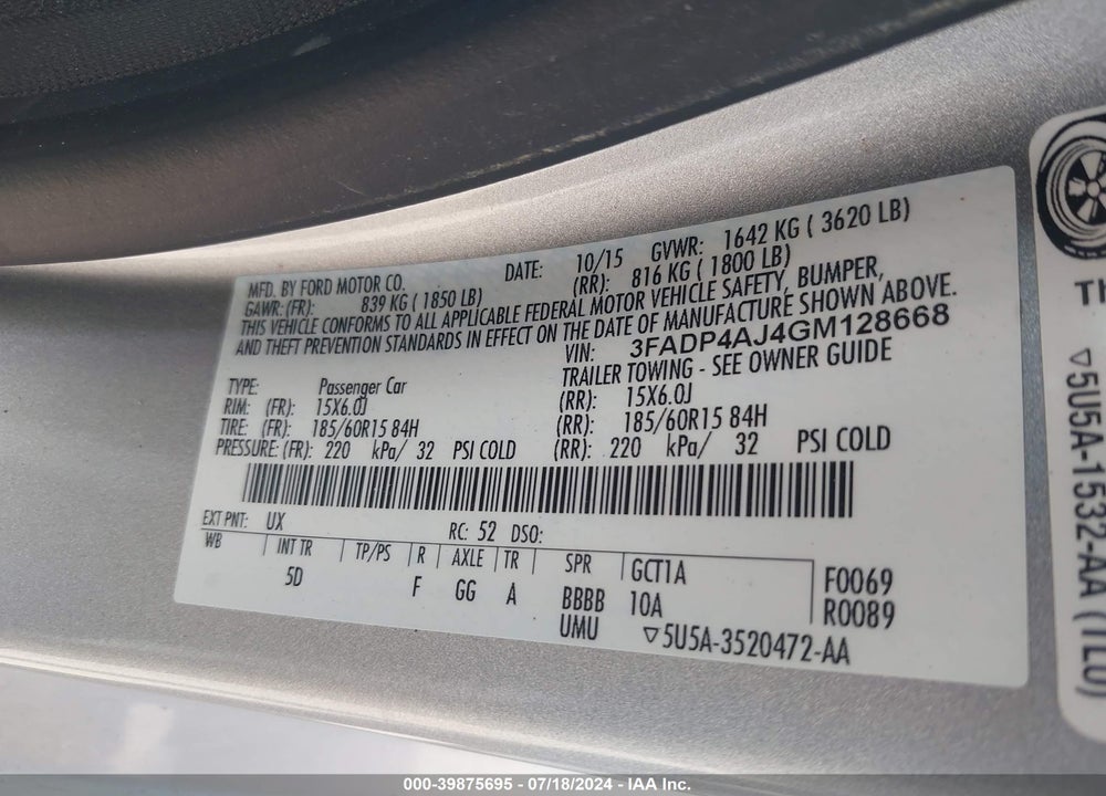 2016 FORD FIESTA S VIN: 3FADP4AJ4GM128668