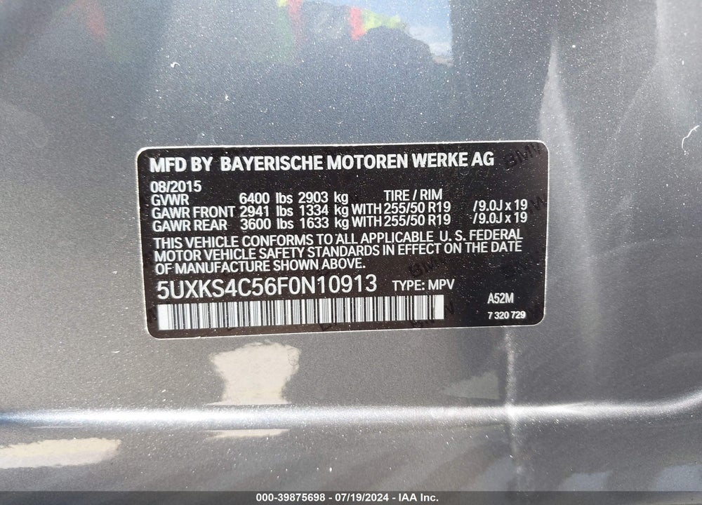 2015 BMW X5 XDRIVE35D VIN: 5UXKS4C56F0N10913
