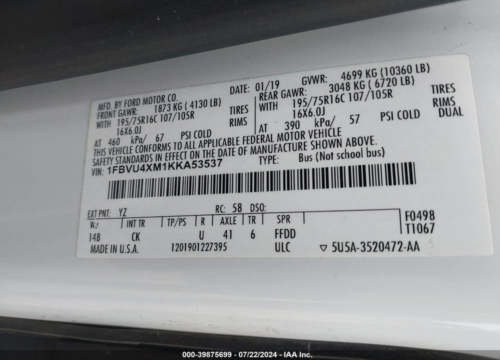 2019 FORD TRANSIT-350 VIN: 1FBVU4XM1KKA53537