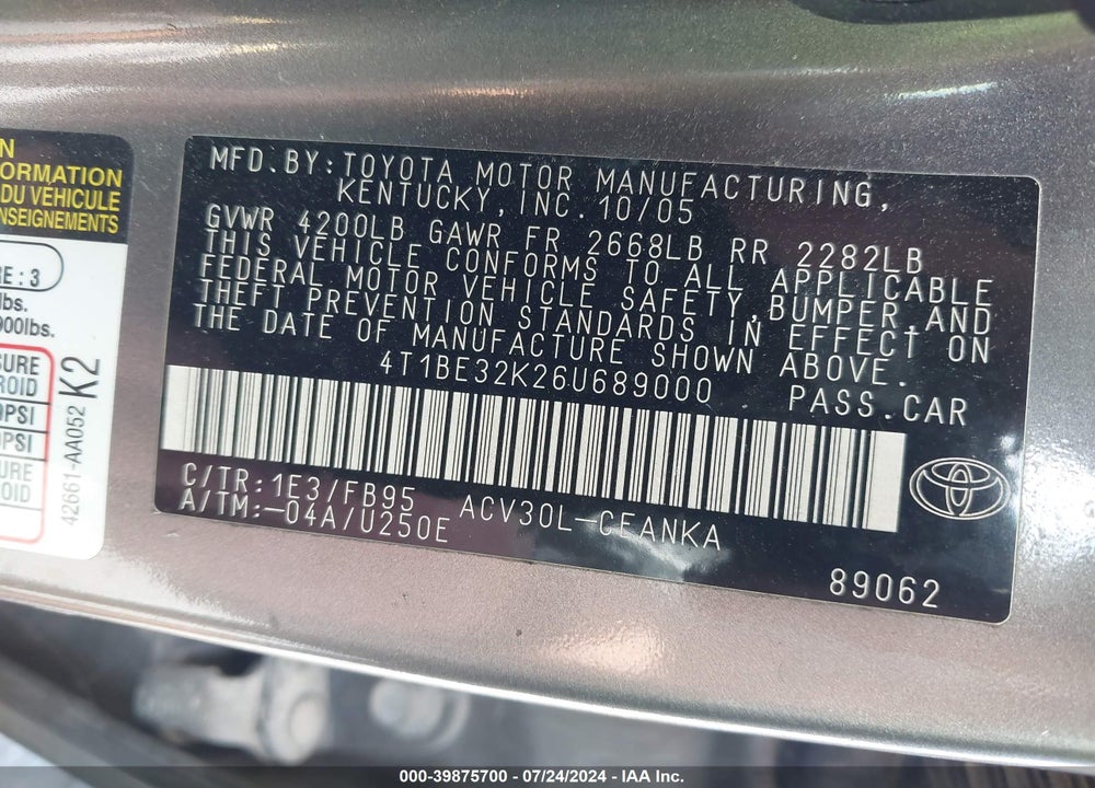 2006 TOYOTA CAMRY LE VIN: 4T1BE32K26U689000