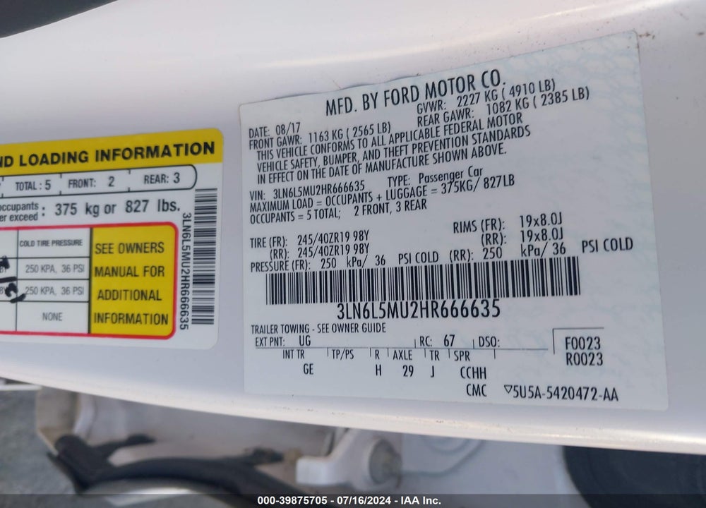 2017 LINCOLN MKZ HYBRID RESERVE VIN: 3LN6L5MU2HR666635