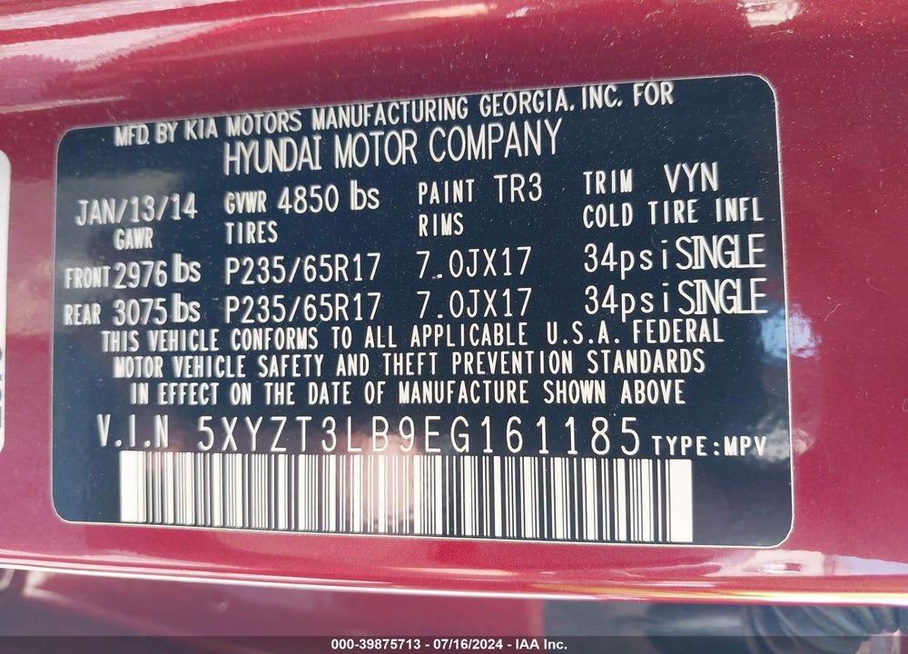 2014 HYUNDAI SANTA FE SPORT 2.4L VIN: 5XYZT3LB9EG161185
