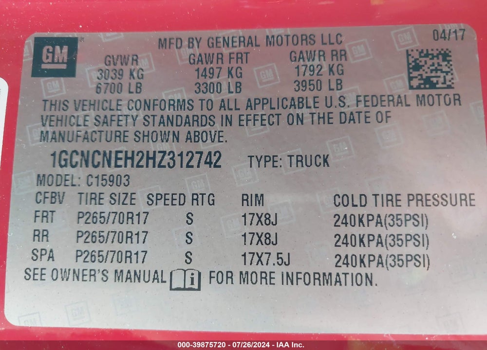 2017 CHEVROLET SILVERADO 1500 LS VIN: 1GCNCNEH2HZ312742