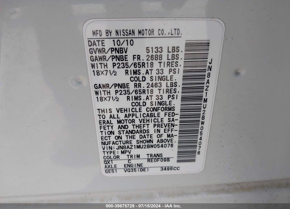 2011 NISSAN MURANO SV VIN: JN8AZ1MU2BW054076
