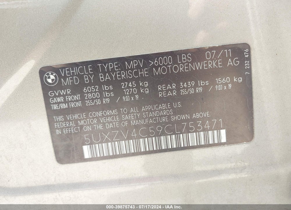 2012 BMW X5 VIN: 5UXZV4C59CL753471