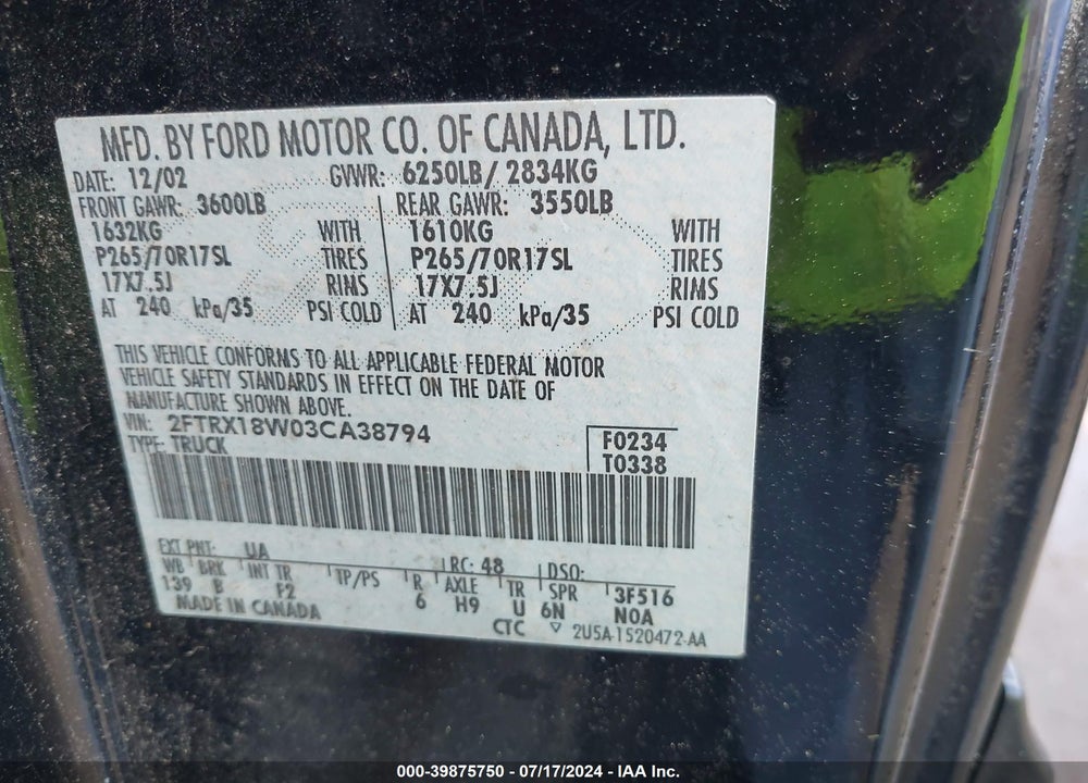2003 FORD F-150 LARIAT/XL/XLT VIN: 2FTRX18W03CA38794