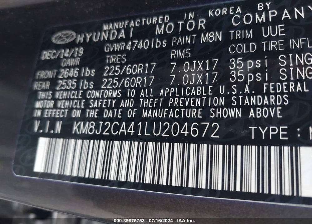 2020 HYUNDAI TUCSON SE VIN: KM8J2CA41LU204672