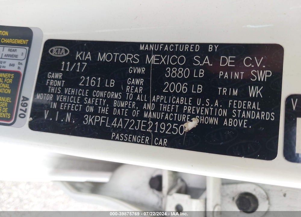 2018 KIA FORTE LX VIN: 3KPFL4A72JE219250