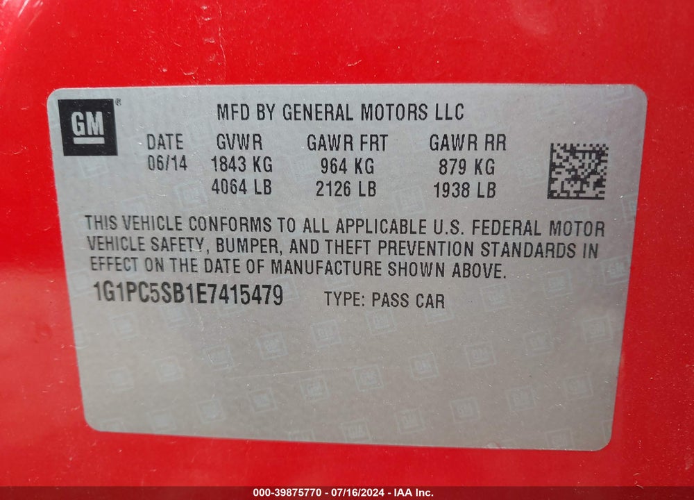 2014 CHEVROLET CRUZE 1LT AUTO VIN: 1G1PC5SB1E7415479