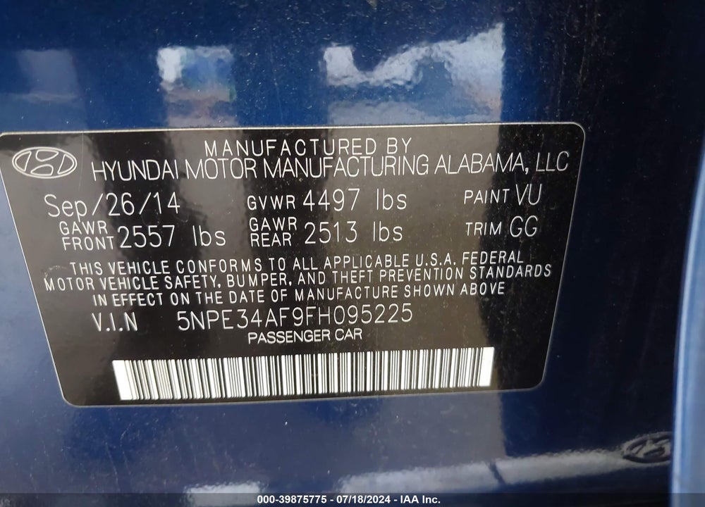 2015 HYUNDAI SONATA SPORT VIN: 5NPE34AF9FH095225