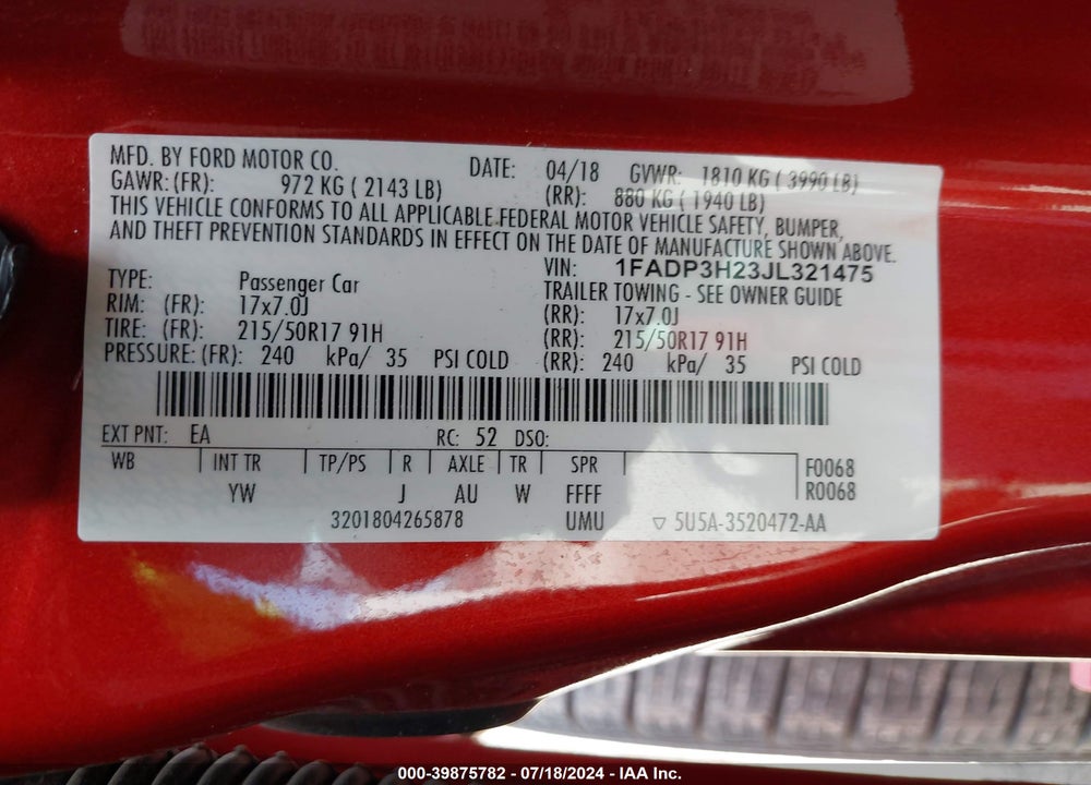 2018 FORD FOCUS SEL VIN: 1FADP3H23JL321475