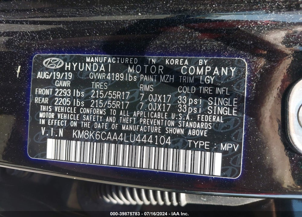 2020 HYUNDAI KONA SEL PLUS VIN: KM8K6CAA4LU444104