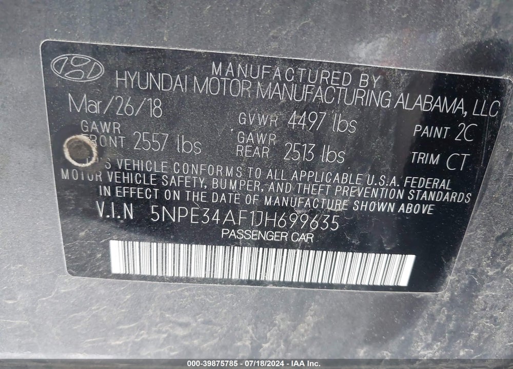 2018 HYUNDAI SONATA SPORT VIN: 5NPE34AF1JH699635