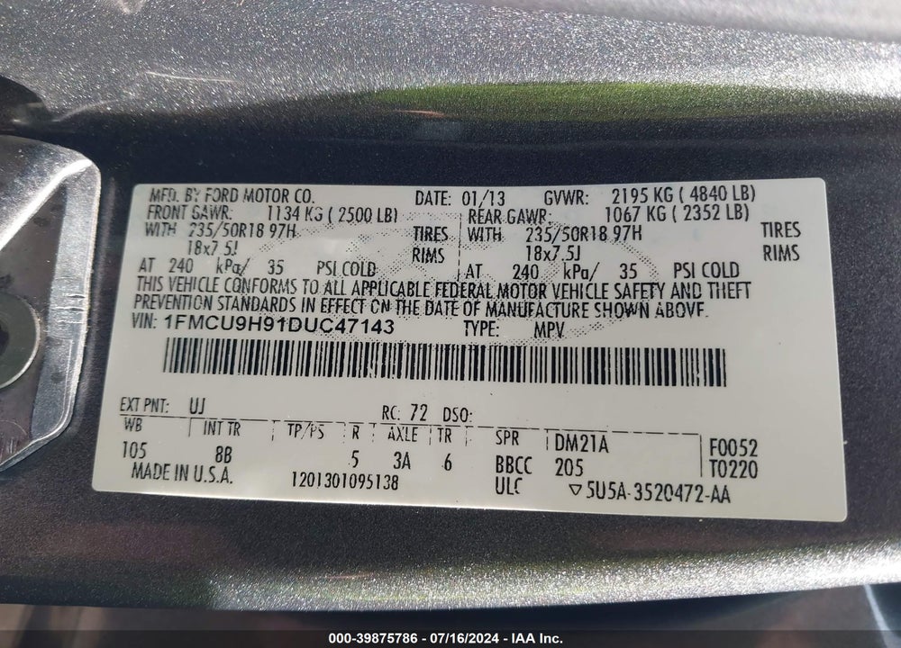2013 FORD ESCAPE SEL VIN: 1FMCU9H91DUC47143