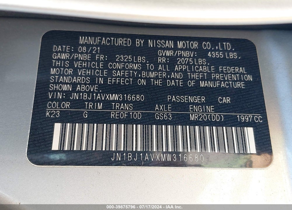 2021 NISSAN ROGUE SPORT VIN: JN1BJ1AVXMW316680