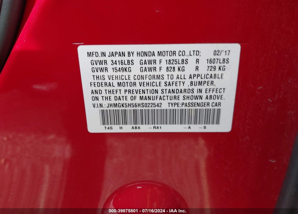 2017 HONDA FIT LX VIN: JHMGK5H56HS022542