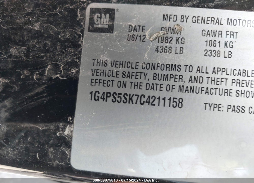 2012 BUICK VERANO LEATHER GROUP VIN: 1G4PS5SK7C4211158